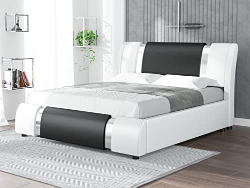 Einfach Low Profile King Platform Bed Frame With Adjustable Headboard/Deluxe Solid Upholstered Modern Bed Without Box Spring/Faux Leather And Strong Wood Slats, Black With White Side #TOP2