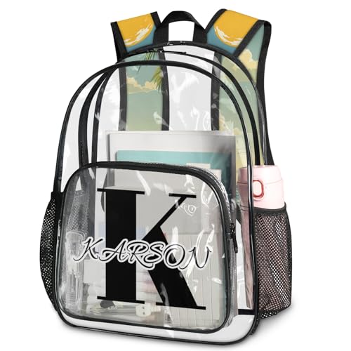 Personalized Small Clear Backpack Stadium Approved Heavy Duty PVC Plastic Custom Tropical Beach Palm Tree Transparent Backpacks See Through Bag with Name, Coastal Nautical