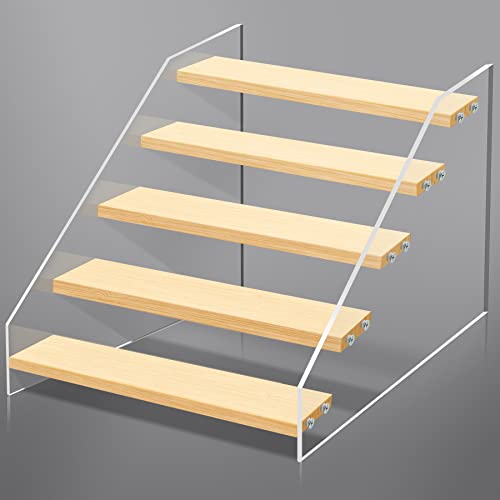 Eucomir Présentoir Acrylique,Présentoir en Acrylique en Bois,Présentoir Marches à 5 Niveaux en Acrylique,pour Présentoir ou Collection,Présentation de Figurine,Poupée,Cosmétiques,Cupcake Dessert