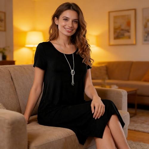 Image of Women Casual Loose Soft Crewneck Short Sleeve Pockets Swing T-Shirt Dress