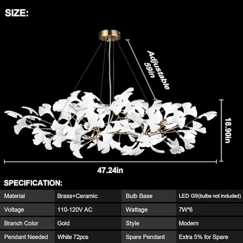 Image of Tree Branch Chandelier White Ceramic Ginkgo Leaf Chandeliers L47 Inch Brass Rectangle Chandelier Large Luxury Hanging Lights Fixture for Dining Room Living Room, 6-Light