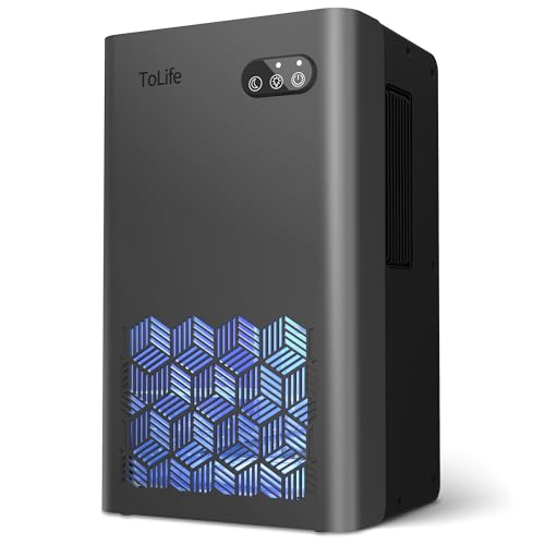 ToLife 95oz Thermoelectric Dehumidifier in matte white compact tower form factor placed on a bathroom counter next to the sink, the 95-ounce removable water reservoir visible at the rear with a clear water-level window, the soft blue LED indicator light glowing through the front panel, the unit small enough to share counter space with a soap dish — a Peltier thermoelectric design with no refrigerant and no compressor, the right pick for closets, RVs, and small bathrooms where compressor noise or refrigerant proximity to water is the constraint.