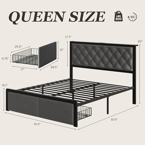 Image of Fluest Queen Bed Frame with 2 Storage Drawers, Upholstered Headboard Button Tufted Bed Frame with Charging Station, No Box Spring Needed, Noise-Free, All Metal Structure, Grey