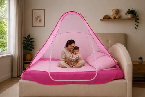Image of Healthy Sleeping Mosquito Net | Double Bed | Supreme King Size Bed | Foldable Machardani with 2 Side Zipper Opening | Strong 30GSM Polyester Net | PVC Coated Steel Wire (Pink)