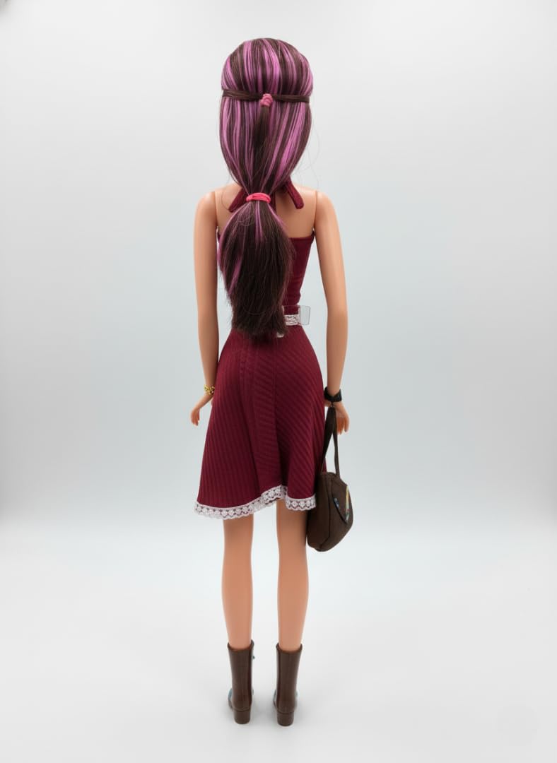 TAPANIYA ENTERPRISE Miss World Collection: Premium 24 inch Fashion Doll with Maroon Halter Dress and Purple Streaked Hair β Includes Trendy Brown Boots & Matching Purse for Kids