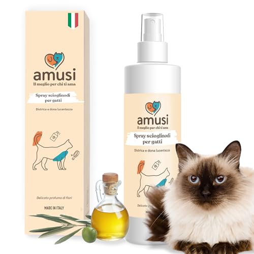 amusi Spray Sciogli Nodi per Gatti 250 ml 100% Naturale e Vegano - Sciogli Nodi Gatto Districante - Rende il Pelo morbido e lucente - Non necessita di Risciacquo e Profuma. Sciogliere Pelo Gatto