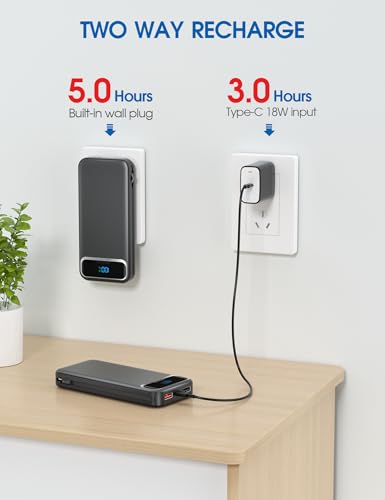 Image of Nusyddy Portable Charger 12000mAh 22.5W w /Built-in Cables & Wall Plug Black | 22.5W Fast Charging, LED Display, Pass Through Charging, TSA Approved, Portable & Slim, Power Bank for iPhone, iPad, Samsung