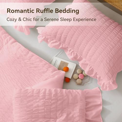 JOLLYVOGUE Pink Seersucker Queen Comforter Set, 3 Pieces Bed in a Bag Comforter Set, Lightweight & Fluffy Bedding Sets Queen for All Season with 1 Ruffle Comforter and 2 Ruffle Pillowshams