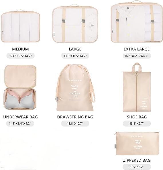 Image of polyester 7 Set Packing Cubes Luggage Packing Organizers For Travel Accessories storage organiser (beige)