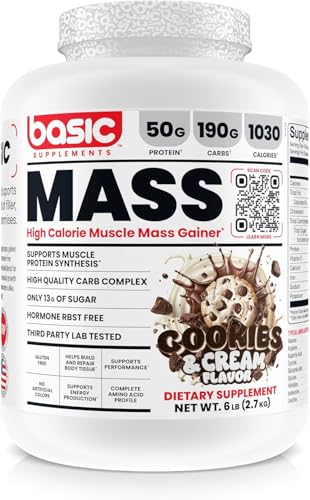 BASIC SUPPLEMENTS Mass Gainer Protein Powder, Supports Muscle Growth & Recovery, 50g Protein, 190g Carbs, 1030 Calories, Gluten-Free, RBST-Free, No Artificial Colors