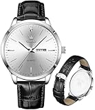 OLEVS Black Leather Watches for Men Fashion Luxury Dress White Large Face Men Watch Casual Business Simple Waterproof Analog Quartz Men's Wrist Watches with Day Date Vintage Relojes para Hombres ﻿