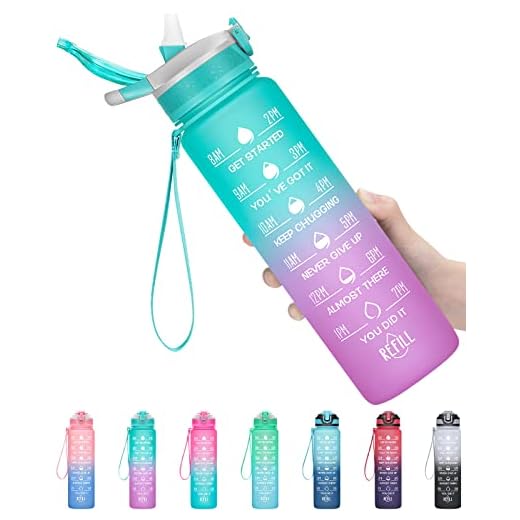 MEITAGIE 32oz Leakproof Motivational Sports Water Bottle with Straw & Time Marker, Flip Top Durable BPA Free Tritan Non-Toxic Frosted Bottle Perfect for Office, School, Gym and Workout (Ombre: Mermaid)