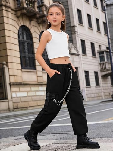Image of Girls 2 Piece Outfit Set for Tween Girls, Sleeveless Crop Tank Top & Cargo Pants Jogger Set