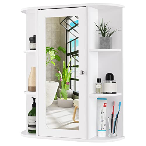COSTWAY Wall Mounted Bathroom Cabinet, Storage Organizer with Mirror Door, 3 Adjustable Shelves & 6 Open Racks, Space-Saving Hanging Medicine Cabinet for Living Room Kitchen Entryway, White