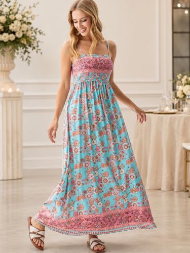 Image of CUPSHE Women Spaghetti Straps Boho Maxi Dress Summer Sleeveless Smocked Floral Beach Long Dress Flowy Cruise Vacation Outfits
