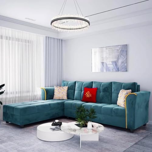 Image of FURNY - Melrond 5- to 6-Person Sofa Fabric Lhs Sectional L Shape Sofa Set (Right Facing-Teal)