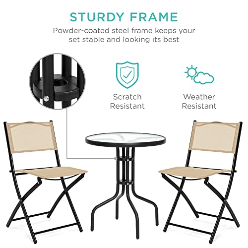 Best Choice Products 3-Piece Patio Bistro Dining Furniture Set W/Textured Glass Tabletop, 2 Folding Chairs, Steel Frame, Polyester Fabric - Beige #TOP4