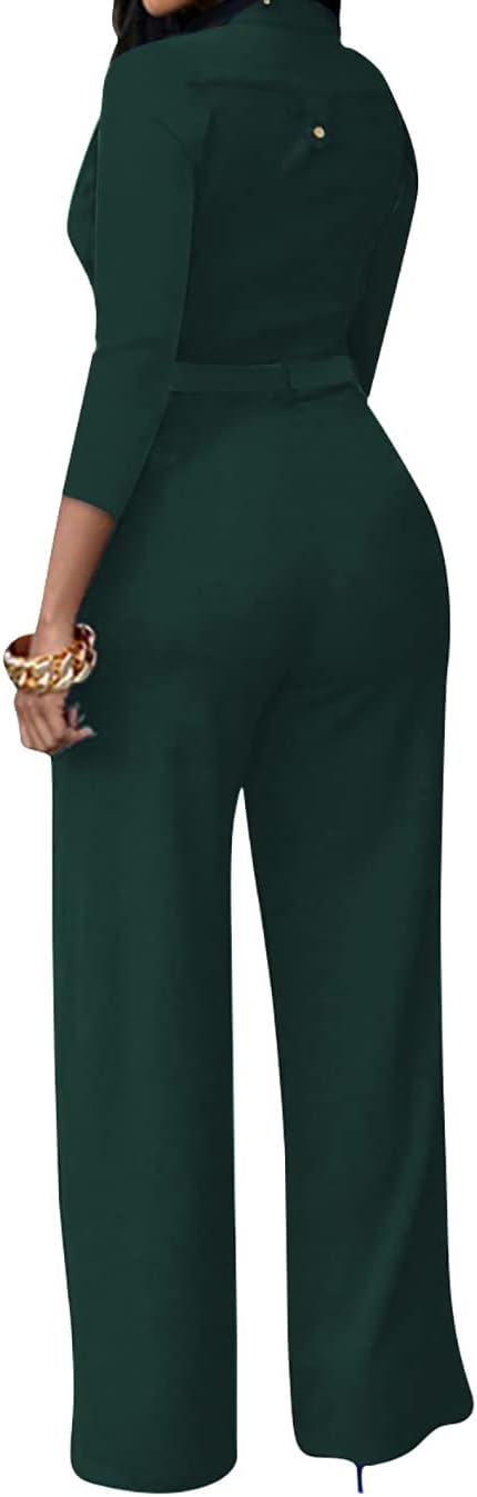 LalaLin Sexy 3/4 Sleeve Jumpsuit for Women V Neck High Waisted Long Wide Leg Pant Button Down Party Romper with Belt - Image 3