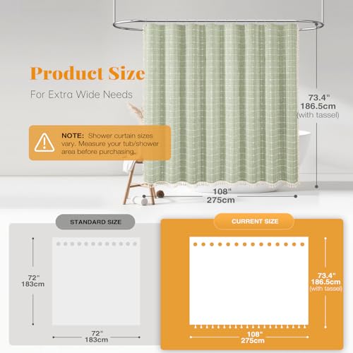 Image of BTTN Extra Wide Shower Curtain - 108x72 Inch Boho Farmhouse Fabric Weighted Linen Shower Curtain Set with 18 Hooks, Large Country Hotel Neutral Waterproof Cloth Shower Curtain for Bathroom, Sage Green