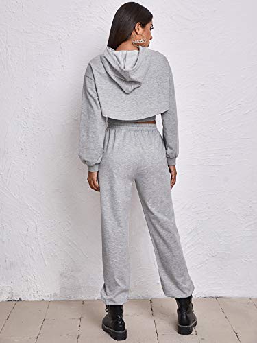 Makemechic Women's 3Pcs Track Suit Super Crop Drawstring Hoodie With Tank And Joggers Set Light Grey L #TOP1