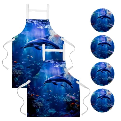 Lot de 2 tabliers dauphin des mers profondes multicolores pour cuisine et bar