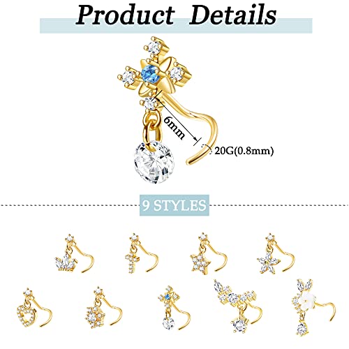 ORAZIO 9 PCS Dangle Nose Rings - L Shaped for Women, 20G Stainless Steel Nose Rings Studs with CZ Cross, Crown, Flower, Heart Dangling Piercing Jewelry2