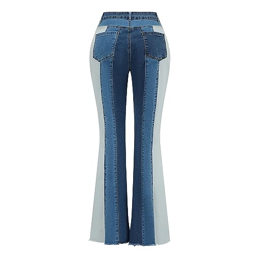 THUNDER STAR Women Patchwork Flare Jeans Stretch High Waisted Bell Bottom Raw Hem Denim Pants2
