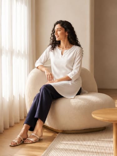 Image of SAADAA Airy Linen Mid Thigh Length Kurta for Women | Stylish Split Neck, 3 /4 Sleeves & Side Pockets | Comfortable Everyday Wear Kurta | Breathable Fabric |