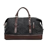 SunBorls Sac de voyage unisexe de grande capacité – Sac de voyage en toile de 55 L, accents en cuir véritable, sac à main, sac de nuit, sac de week-end pour homme et femme, 2012_Noir, Rétro