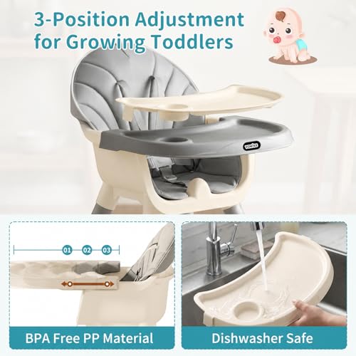 Image of 9-in-1 Convertible Baby High Chair for 6 Months to 8 Years, Grow-with-Me Highchair for Toddlers and Infants with 5-Point Safety Harness, Lockable Wheels, Adjustable Removable Tray, BPA-Free (Grey)