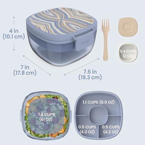 Image of Bentgo Glass Salad Container, 7.6-Cup, 4-Compartment Tray, Reusable Fork