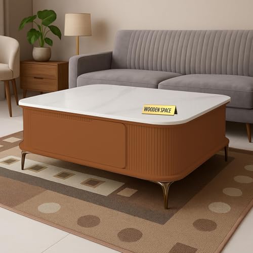 Image of WOODEN SPACE Premium Solo Marble-Top Wooden Center Table for Living Room | Iron Legs | PVD Coating | Modern Entryway Furniture | Coffee Table (Orange, 42x42x18 Inch)