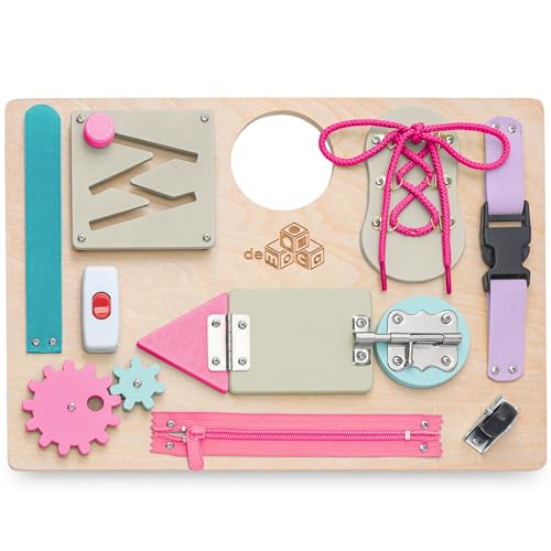 Image of deMoca Busy Board Montessori Toy for Toddlers, Kids Travel Wooden Sensory Toy, Toddler Learning Activities for Fine and Basic Motor Skills, Educational Activity Board, Packaging May Vary
