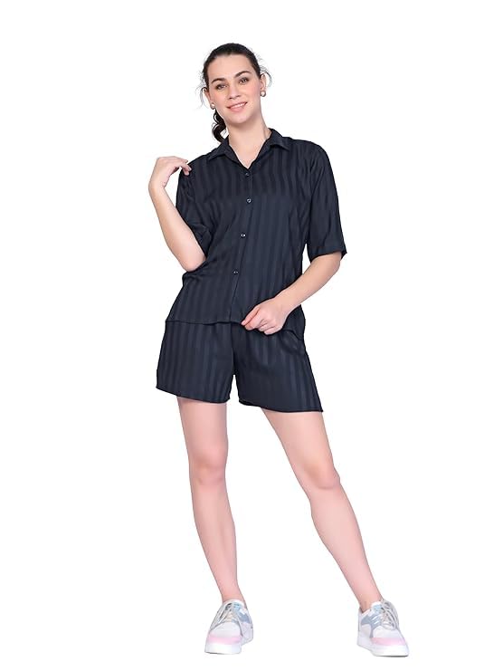 purple & pink Viscose Satin Shirt & Short Cord Set Dark Blue-picture-44