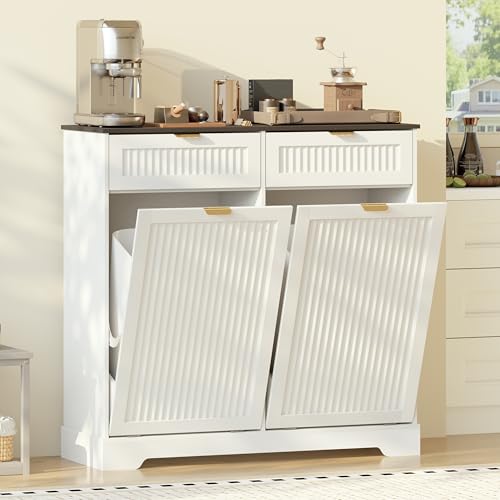 Image of Double 13 Gallon Tilt Out Trash Can Cabinet,Garbage Cabinet with Drawer | Hidden Garbage Storage with Fluted Design, Drawer & Hooks for Kitchen, Dining Room and Small Space Organization,White