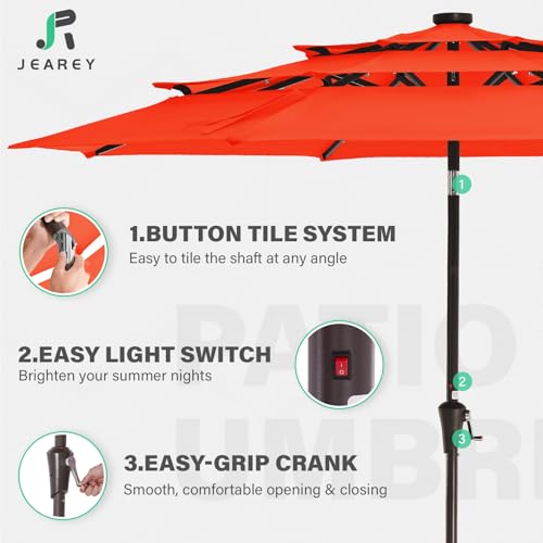 Image of JEAREY 3 Tiers Patio Umbrella with Solar Lights 9ft Outdoor Market Table Umbrellas with Push Button Tilt for Outside Pool Garden, Orange