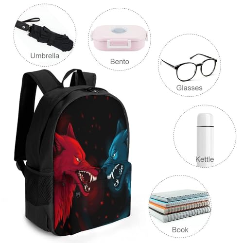 Supdreamc Men Women Polyester Red And Blue Angry Wolf Fight Daypack Backpack Large Capacity Carry On Bag With Smooth Zippers for Hiking Picnic Walking Cycling4