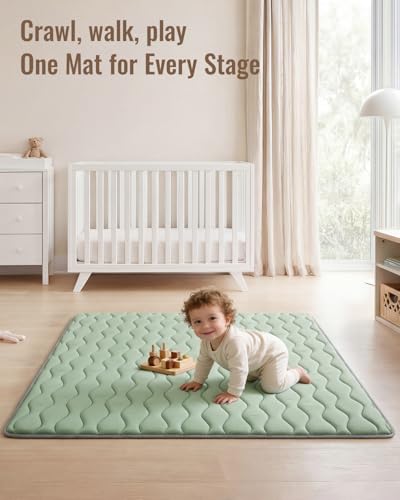 Image of Blissful Diary Portable Baby Play Mats for Floor, 43 inch X 43 inch Thicker Cushioned Foldable Baby Crawling Mat for Indoor Outdoor, Non-Slip & Washable Kids Playmat for Tummy Time Activity, Sage Green