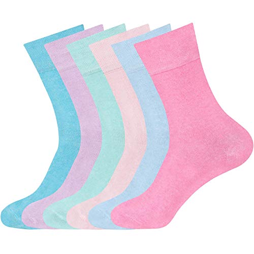 K11 - L10576 Pastel 6 Pairs Non Elastic Diabetic Ladies Socks Girls Womens Socks Easy Grip Loose Soft Top Rich Cotton Socks One Size UK 4-7