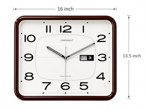 Image of CHRONIKLE 16 Inch Wall Clock with Day & Date Display, Silent Quartz Analog Clock for Home & Office, White Dial with Bold Black Numbers & Rosewood Finish Frame