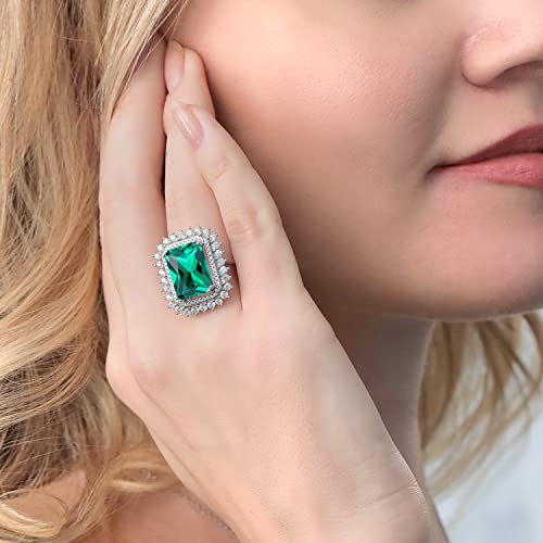 Gem Stone King 5-10 Cttw Emerald Cut Halo Ring For Women | 925 Sterling Silver | Gemstone Birthstone | Emerald Cut 14X10MM | Wedding Anniversary Promise Statement Ring | Available In Size 5-94