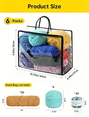 Image of Remittur 6 Packs Large Yarn Storage Bags, Clear Yarn Storage Organizer with Zippers and Handles, Crochet Bag Knitting Bag for Knitting Needles Crochet Hooks-Black