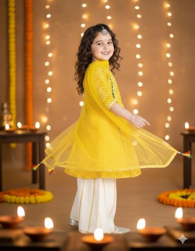 Image of Naixa Girl's Rayon Chanderi Yellow White Solid Printed Top With Sharara and Dupatta 3 /4 Sleeve | Kurta Sharara Set For Girl's