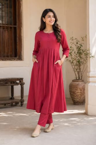 Image of ANILINE Women's V-Neck, Button Front, three-quarter sleeves, Anarkali shape, Empire Waist, Pleated Design Kurta With Pant