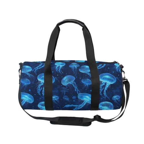 Blue Jellyfish Sports Duffel Bag Full Print Barrel Gym Bag with Side Zipper Pocket and Inner Compartment, Durable Lightweight Fabric for Sports, Training, Travel and Outdoor Use2