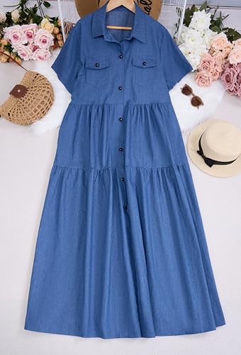 Womens Vintage Denim Button Down Short Sleeve Lapel Maxi Dress 2024 Spring Summer Loose Tiered Flowy Long Shirt Dress3