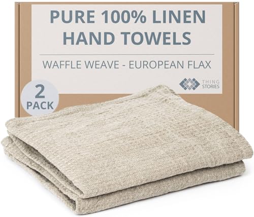 Thing Stories 100% European Linen Hand Towels for Kitchen & Bath - Set of 2 - Waffle Weave, Highly Absorbent & Quick-Dry - 14 x 28 in - Stone Washed Flax