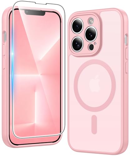 FNTCASE for iPhone 13 Pro Case: Matte Magnetic Phone Cases with Screen Protector Compatible with Magsafe Slim Anti Yellowing Rugged Shockproof Protective Translucent Cell Phone Cover (C-Pink)