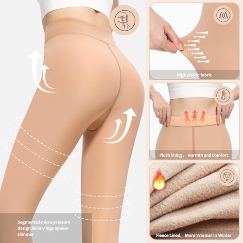 Image of UISLII Fleece Lined Tights Women, Warm Pantyhose leggings Women,Fake Translucent Thermal Skin Colored Tights for Winter
