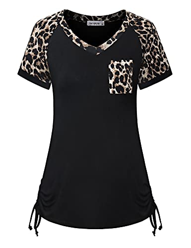 MOQIVGI Leopard Print Tops for Women, Short Sleeve V Neck T Shirts, Trendy 2021 Sexy Casual Summer Tunics with Pocket Soft Surroundings Womens Clothing Black Medium